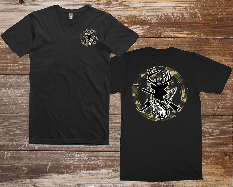 T-Shirt - Camo Buck & Fish with Rifle and Fishing Rod