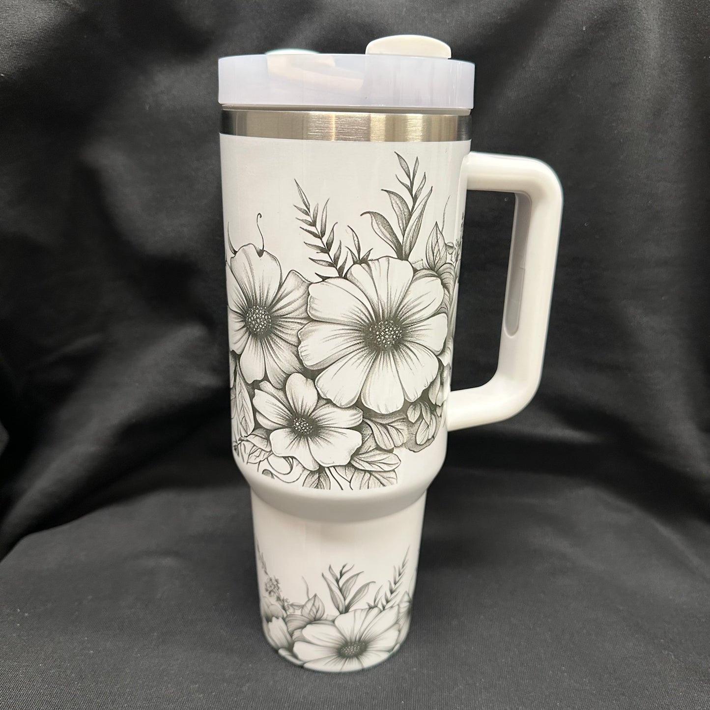 40 oz Tumbler with Handle - Butterflies with Flowers Black & White
