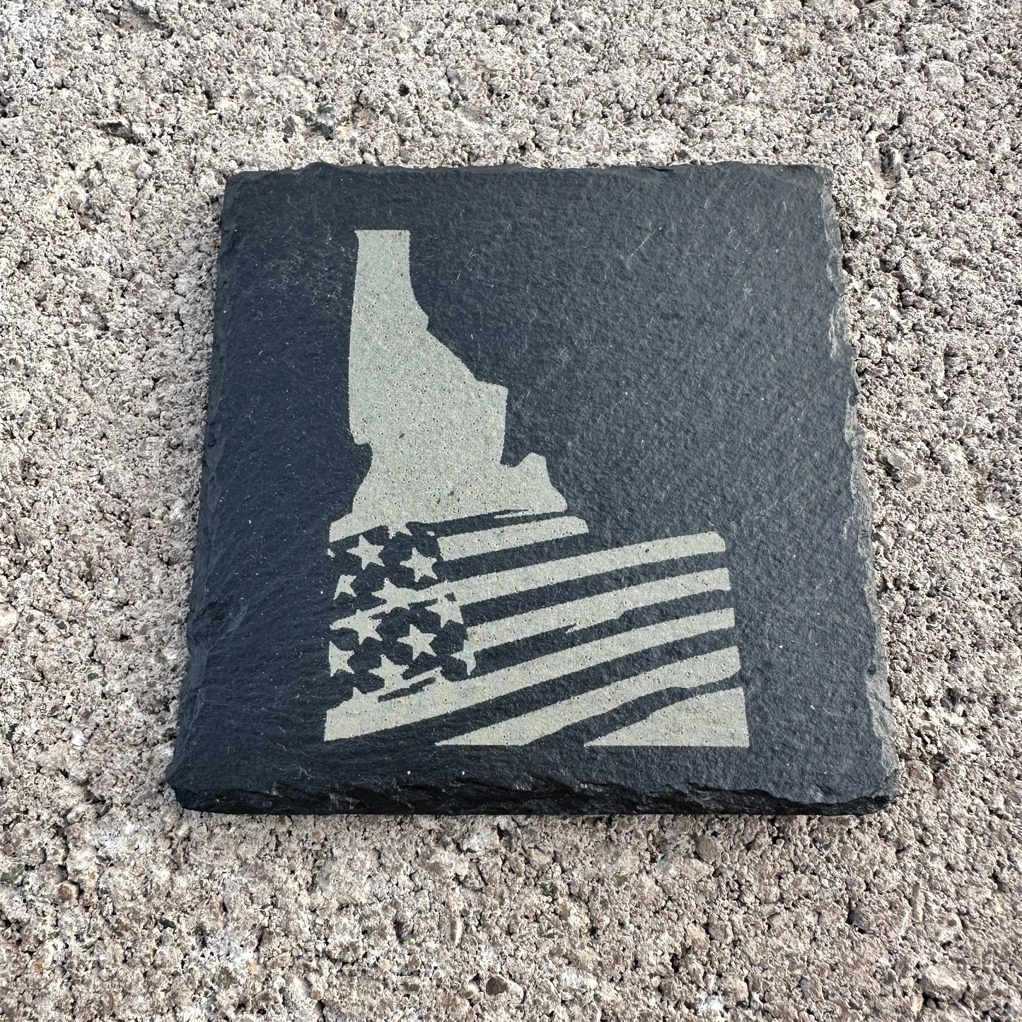 4" x 4" - Idaho State with Flag - Slate Drink Coaster with Anti-scratch Bottom