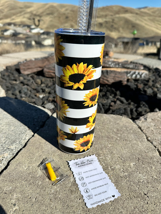 20 oz Tumbler - Sunflowers with White & Black Stripes