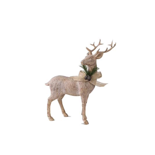 11 Inch Resin Natural Wood Reindeer w/Bow (Style One)