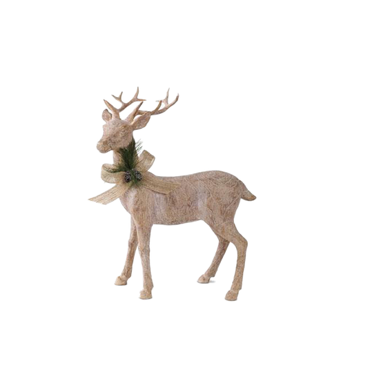 11 Inch Resin Natural Wood Reindeer w/Bow (Style Two)