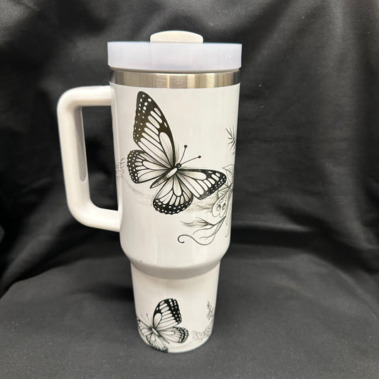 40 oz Tumbler with Handle - Butterflies with Flowers Black & White