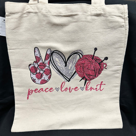 13" x 15" x .5" Tote Bag - Peace - Love - Knit