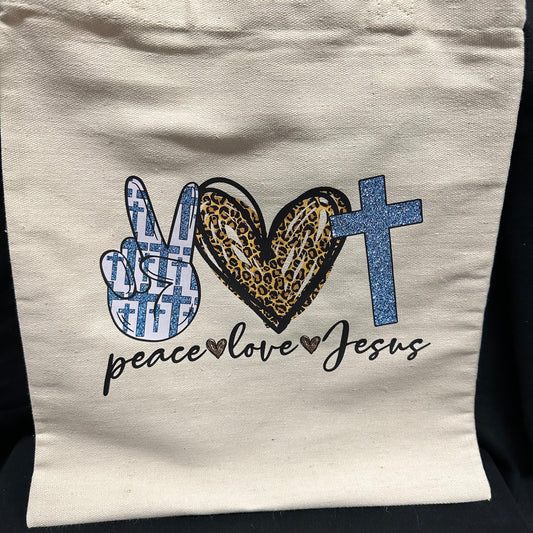 13" x 15" x .5" Tote Bag - Peace - Love - Jesus