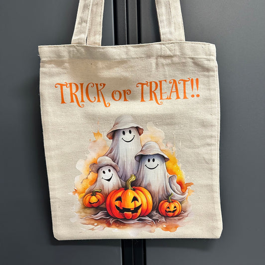 13" x 15" x .5" Tote Bag - Trick or Treat - Cute Ghosts with Pumpkin
