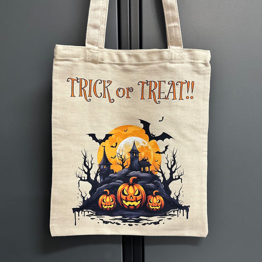 13" x 15" x .5" Tote Bag - Trick or Treat - Haunted House with Pumpkins v2