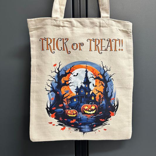 13" x 15" x .5" Tote Bag - Trick or Treat - Haunted House with Pumpkins