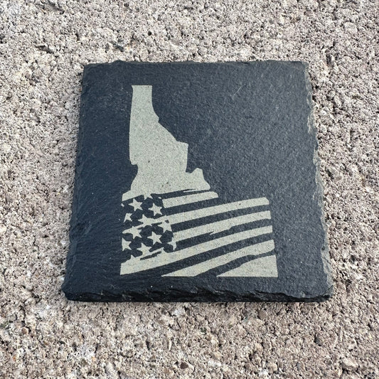 4" x 4" - Idaho State with Flag - Slate Drink Coaster with Anti-scratch Bottom